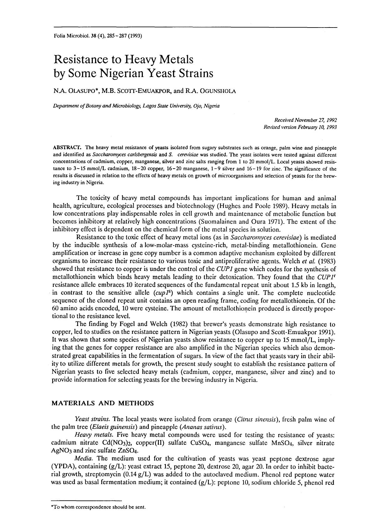 Resistance to heavy metals by some Nigerian yeast strains by Unknown