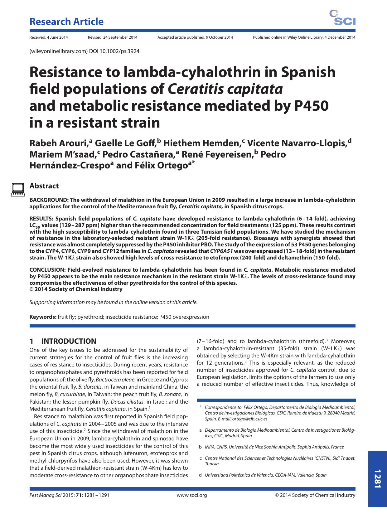 Resistance to lambda-cyhalothrin in Spanish field populations of Ceratitis capitata and metabolic resistance mediated by P450 in a resistant strain by Unknown