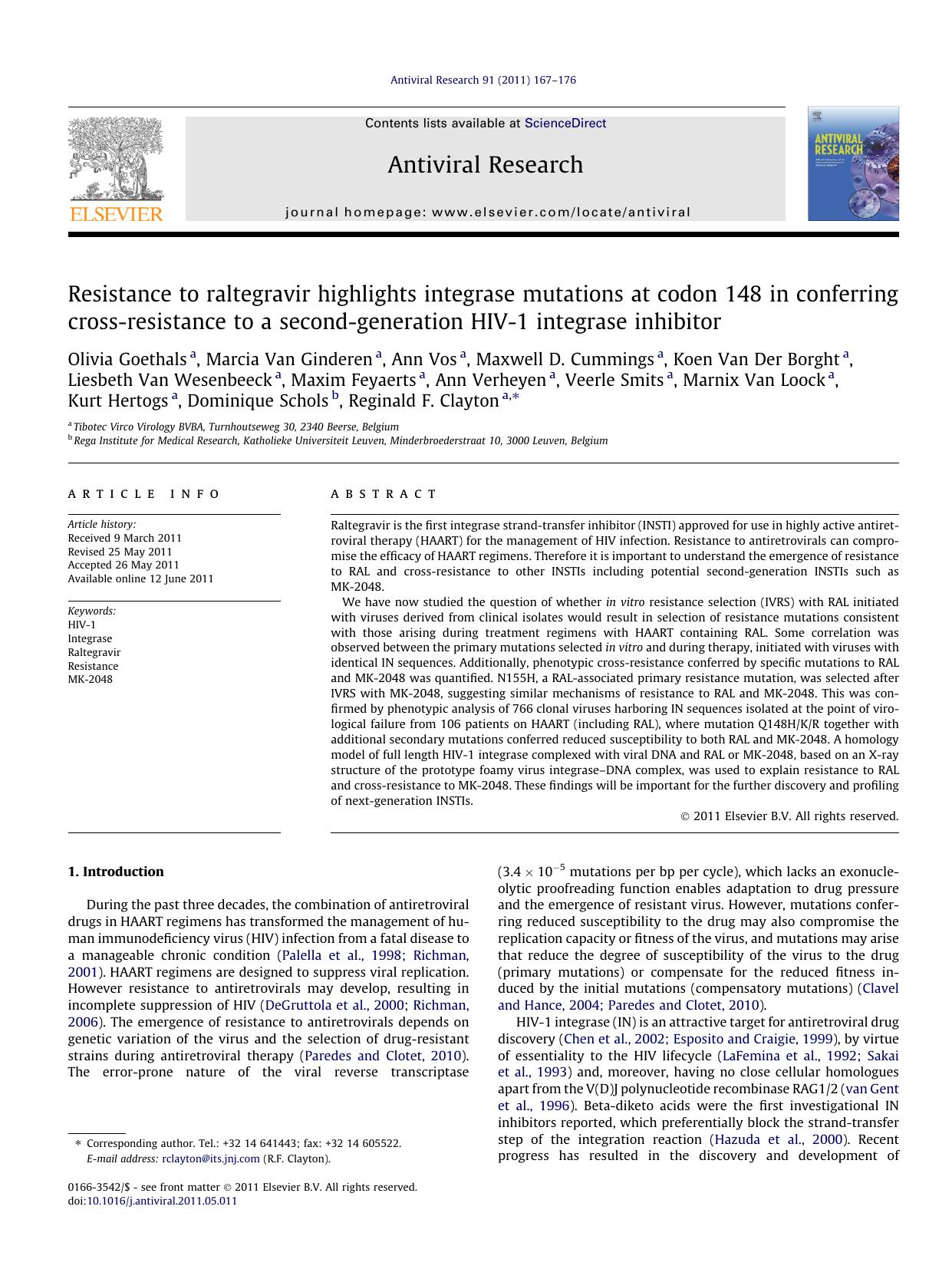 Resistance to raltegravir highlights integrase mutations at codon 148 in conferring cross-resistance to a second-generation HIV-1 integrase inhibitor by unknow