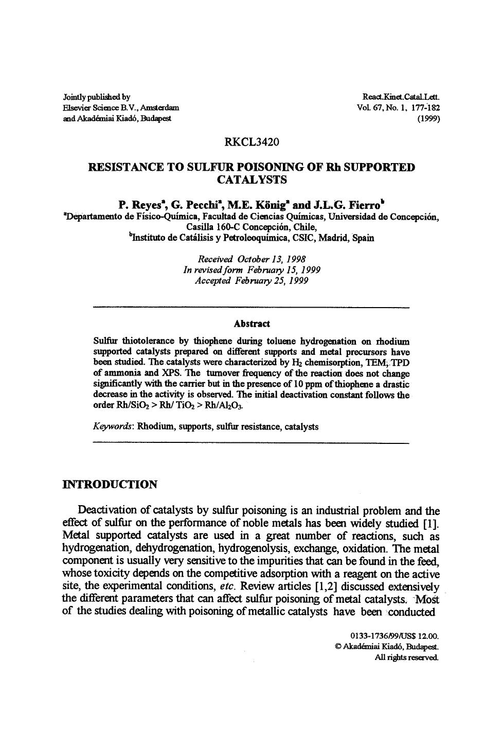 Resistance to sulfur poisoning of Rh supported catalysts by Unknown