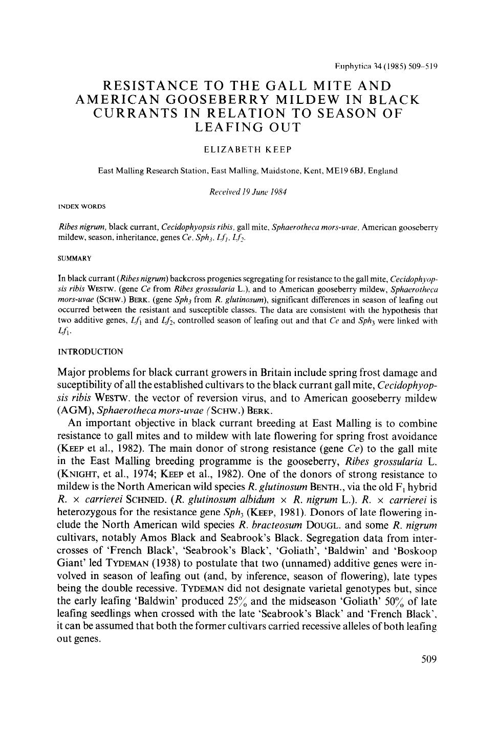 Resistance to the gall mite and American gooseberry mildew in black currants in relation to season of leafing out by Unknown