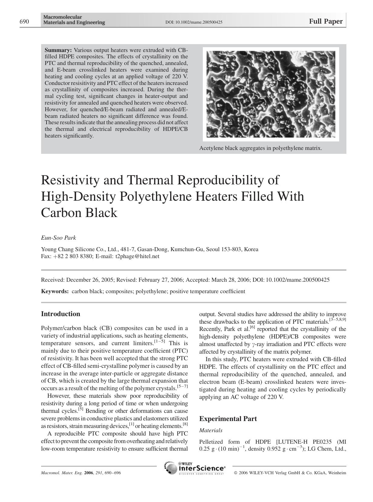 Resistivity and Thermal Reproducibility of High-Density Polyethylene Heaters Filled With Carbon Black by Unknown
