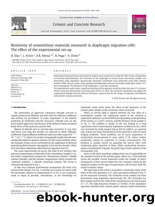 Resistivity of cementitious materials measured in diaphragm migration cells: The effect of the experimental set-up by B. Díaz & L. Freire & X.R. Nóvoa & B. Puga & V. Vivier