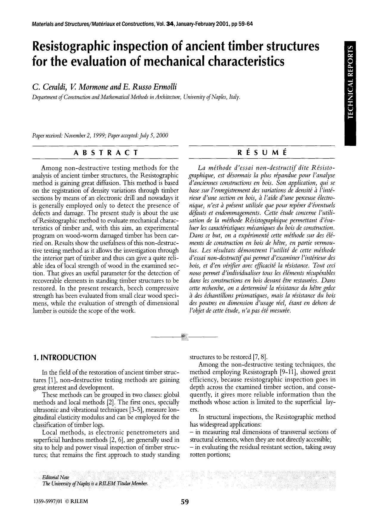 Resistographic inspection of ancient timber structures for the evaluation of mechanical characteristics by Unknown