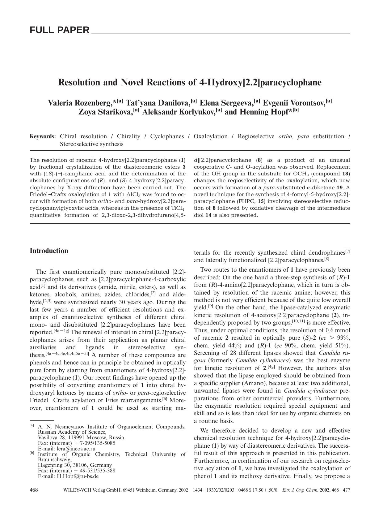 Resolution and Novel Reactions of 4-Hydroxy[2.2]paracyclophane by Unknown