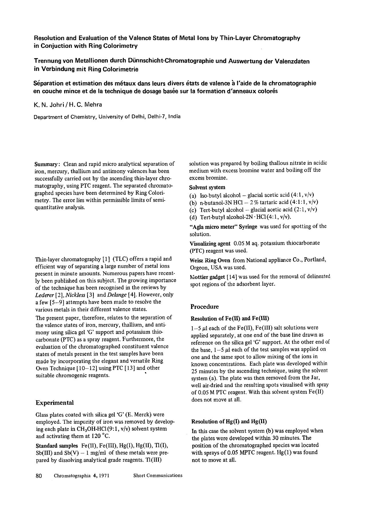 Resolution and evaluation of the valence states of metal ions by thin-layer chromatography in conjuction with ring colorimetry by Unknown