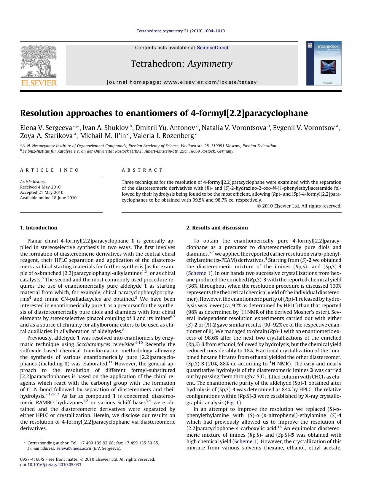 Resolution approaches to enantiomers of 4-formyl[2.2]paracyclophane by unknow