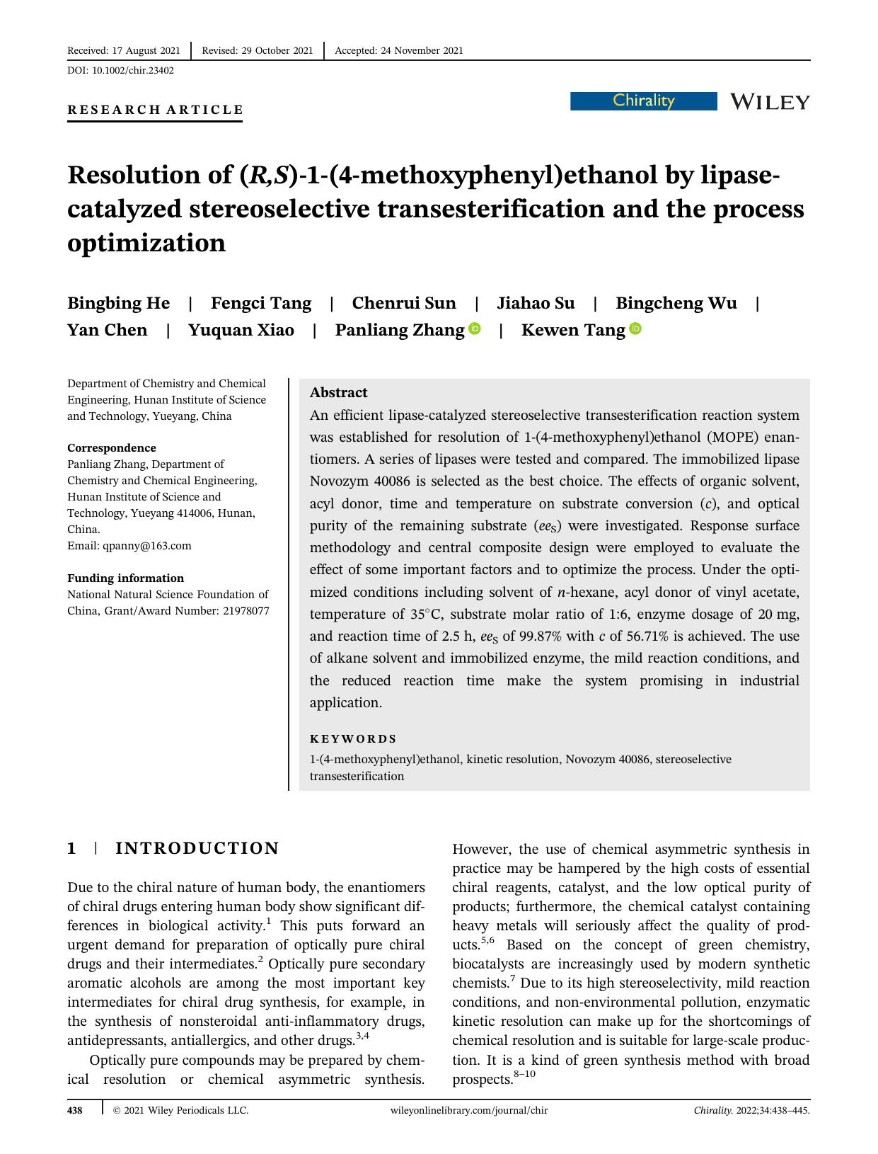 Resolution of (R,S)â1â(4âmethoxyphenyl)ethanol by lipaseâcatalyzed stereoselective transesterification and the process optimization by unknow