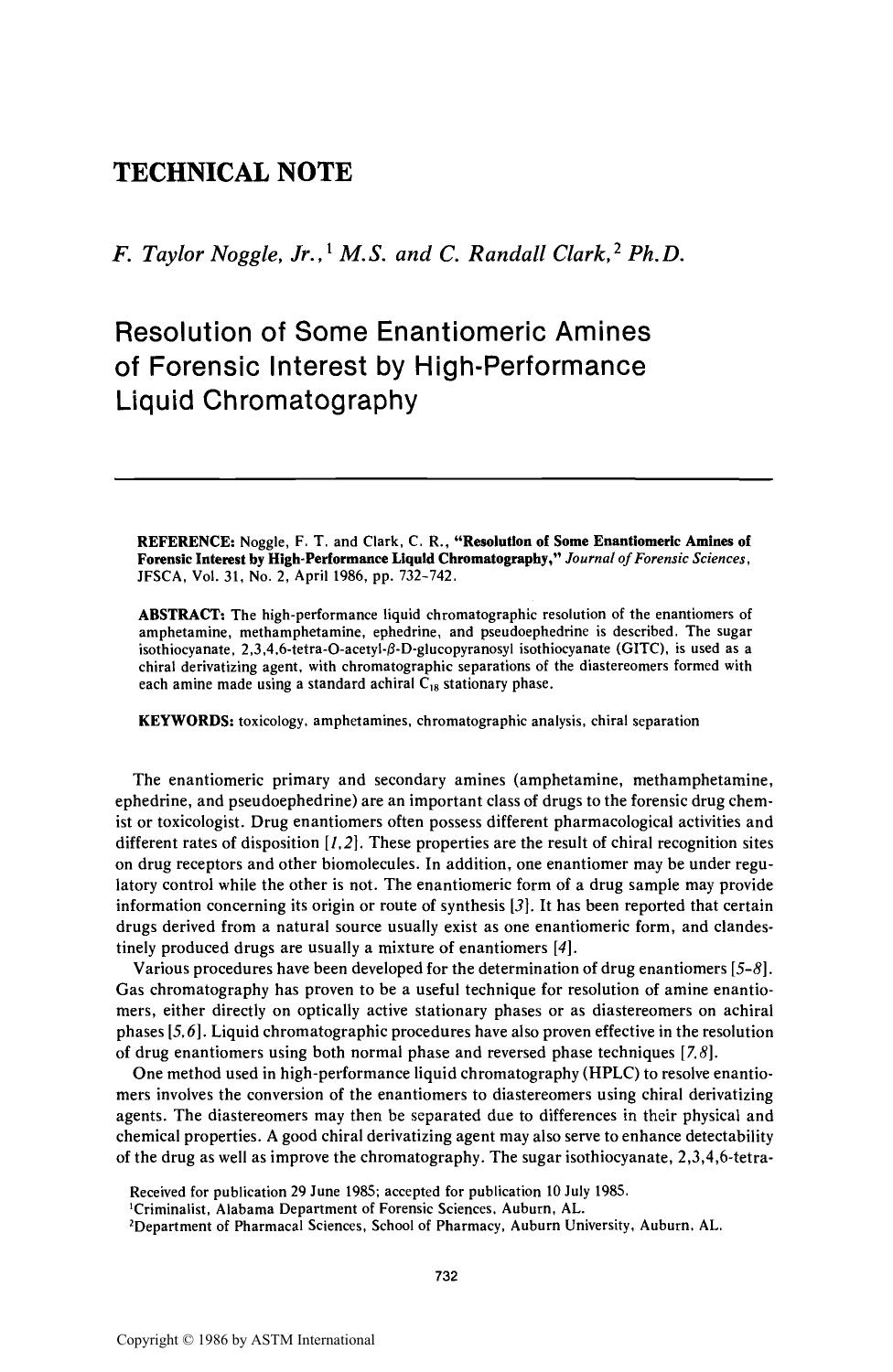 Resolution of Some Enantiomeric Amines of Forensic Interest by High-Performance Liquid Chromatography by Noggle FT Clark CR