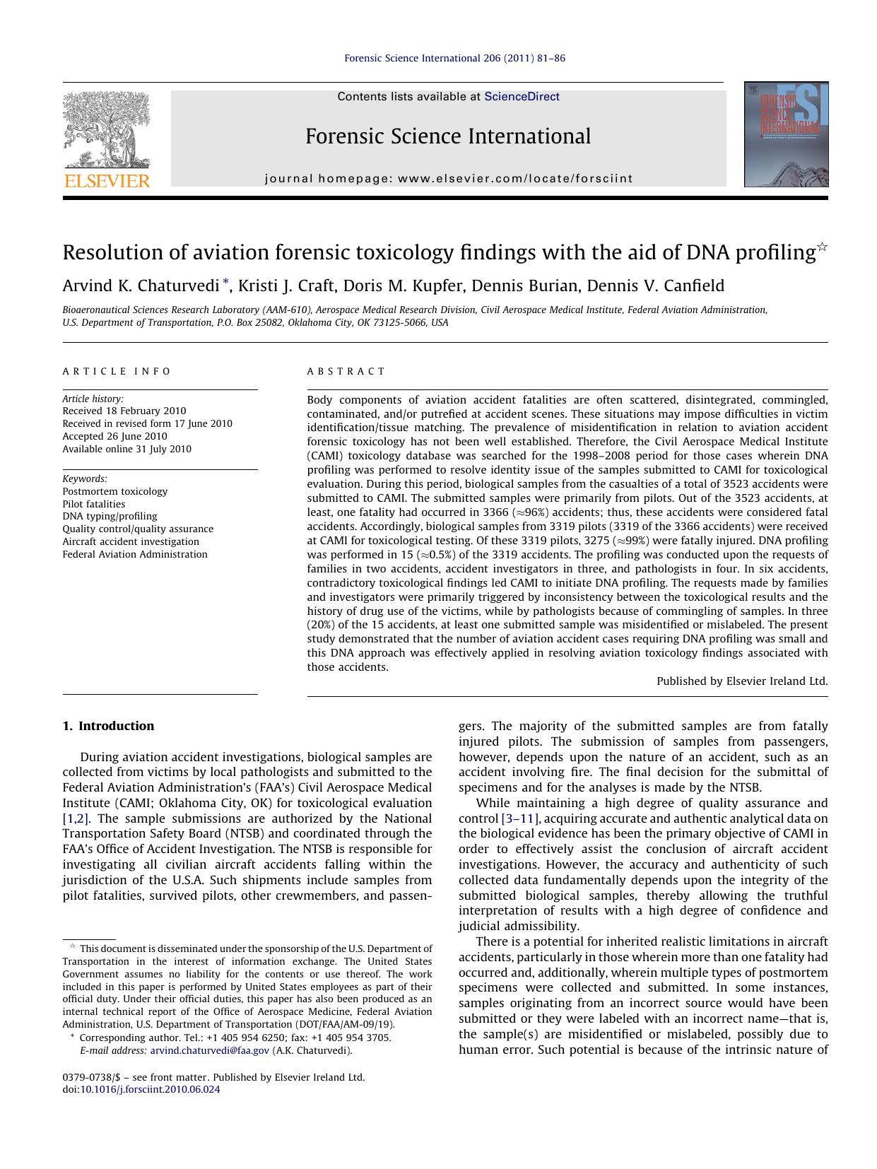 Resolution of aviation forensic toxicology findings with the aid of DNA profiling by Arvind K. Chaturvedi
