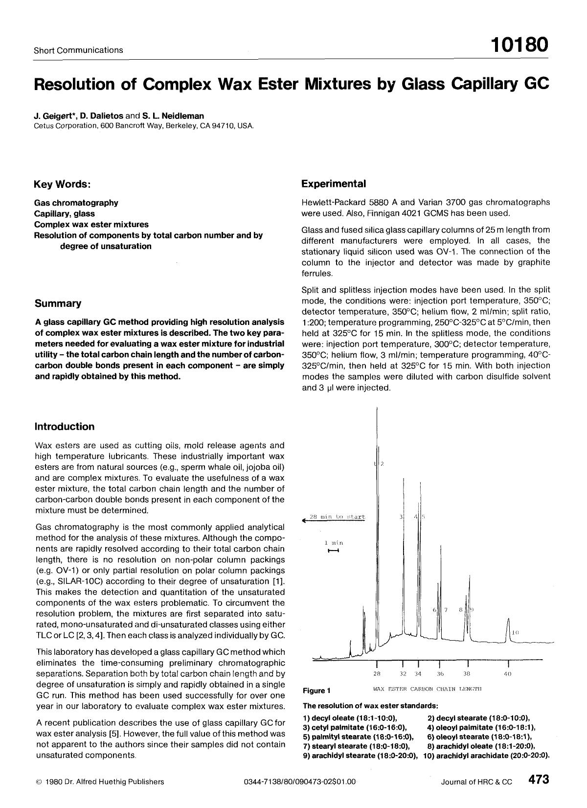 Resolution of complex wax ester mixtures by glass capillary GC by Unknown