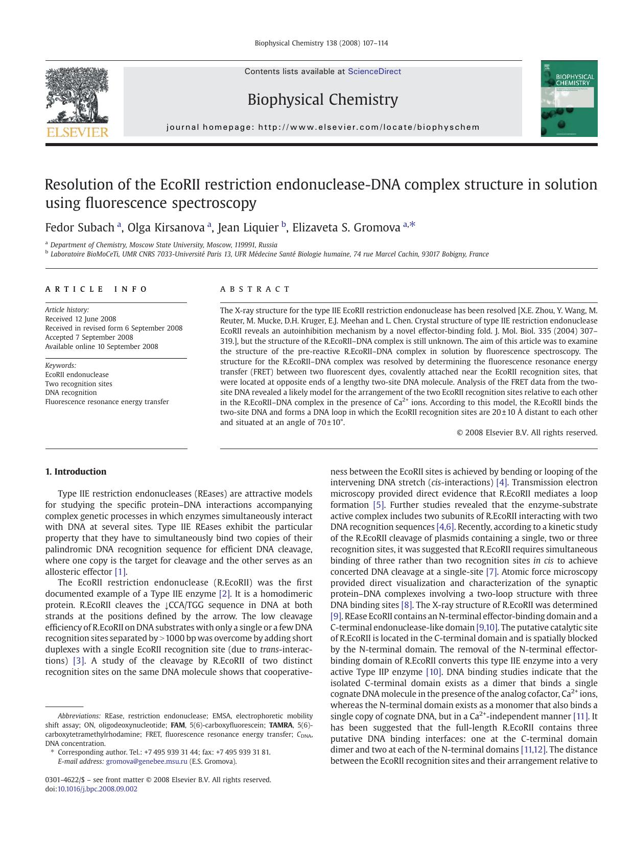 Resolution of the EcoRII restriction endonuclease-DNA complex structure in solution using fluorescence spectroscopy by Fedor Subach; Olga Kirsanova; Jean Liquier; Elizaveta S. Gromova