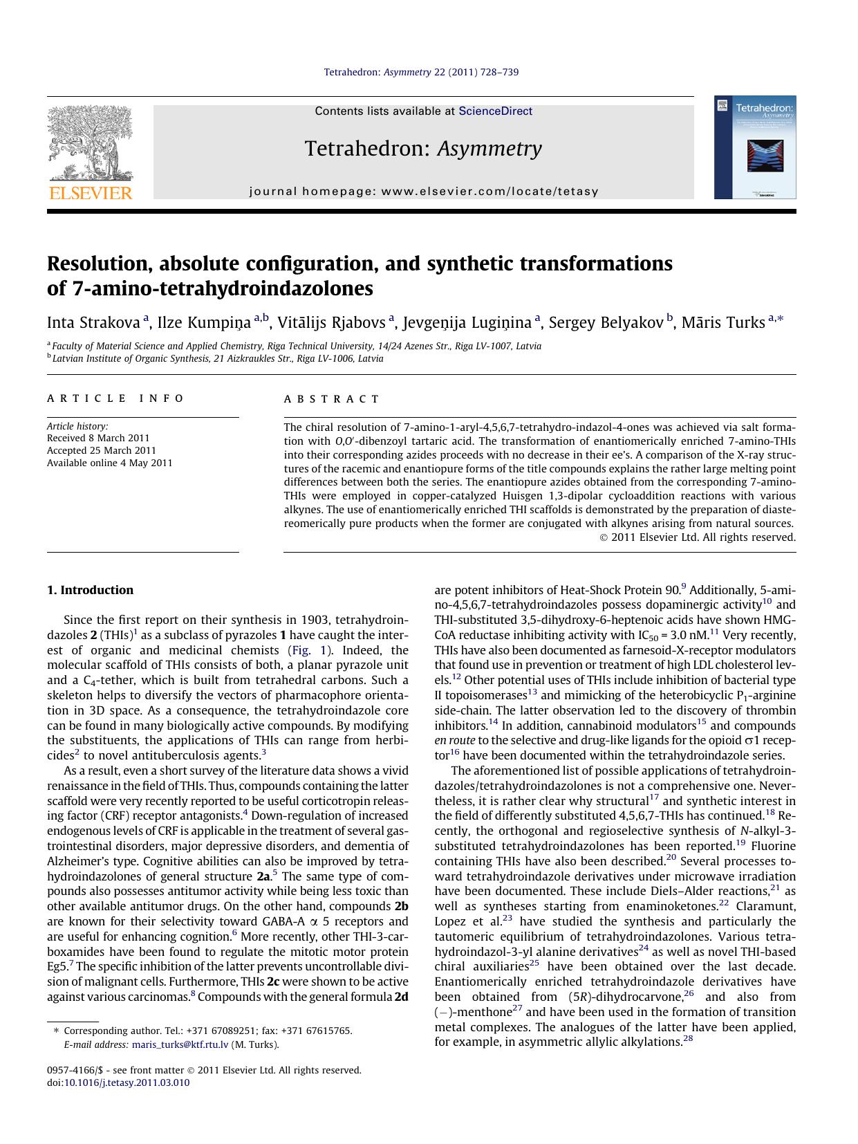 Resolution, absolute configuration, and synthetic transformations of 7-amino-tetrahydroindazolones by unknow