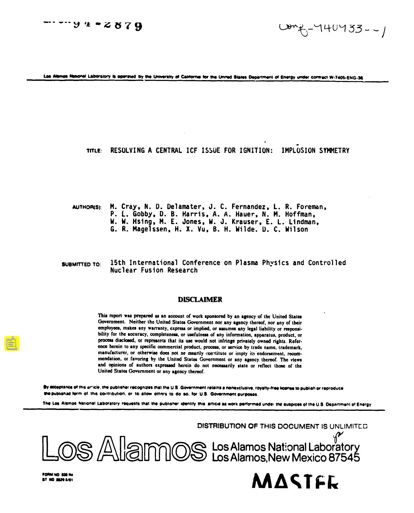 Resolving a central ICF issue for ignition : implosion symmetry None by LANL Research Library LWW Project