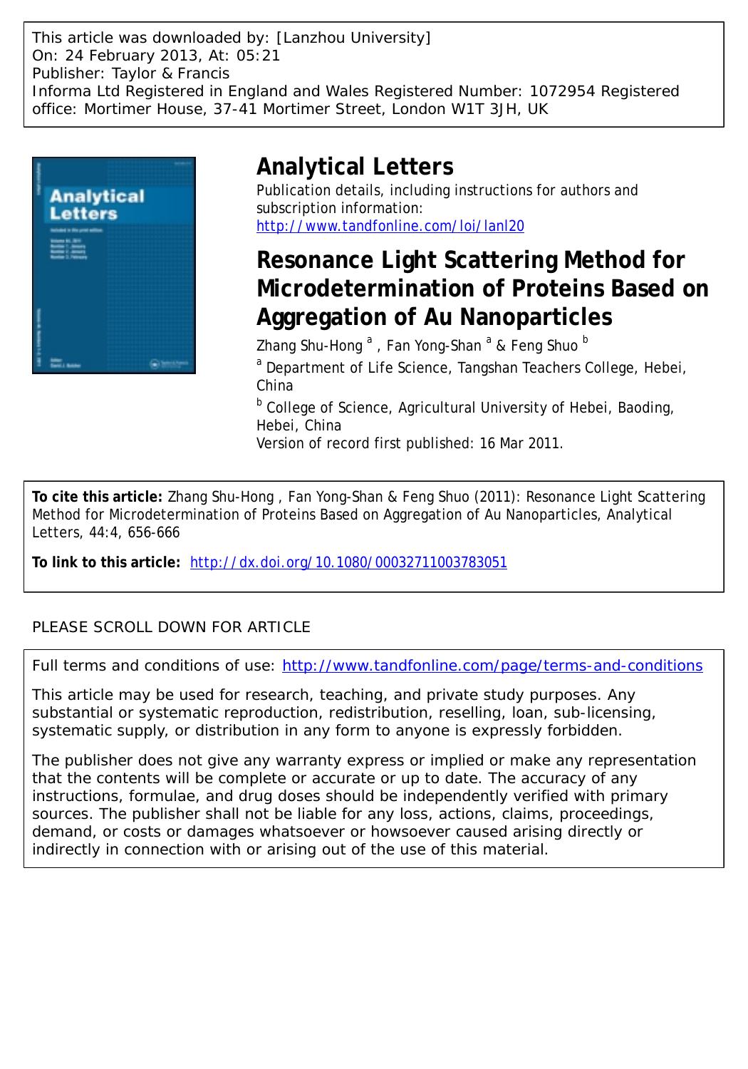 Resonance Light Scattering Method for Microdetermination of Proteins Based on Aggregation of Au Nanoparticles by Zhang Shu-Hong Fan Yong-Shan & Feng Shuo