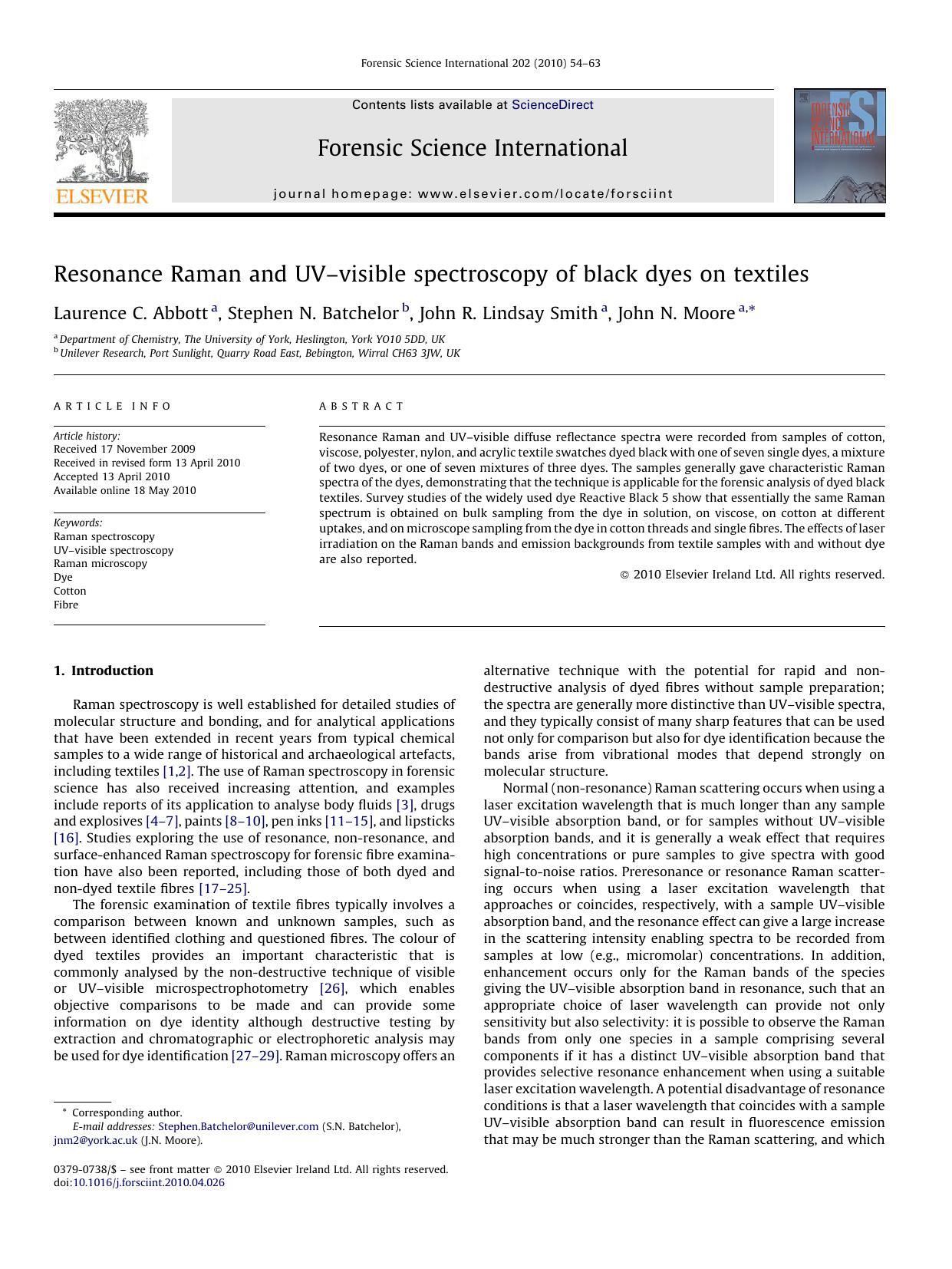 Resonance Raman and UVÃ¢â¬âvisible spectroscopy of black dyes on textiles by Laurence C. Abbott