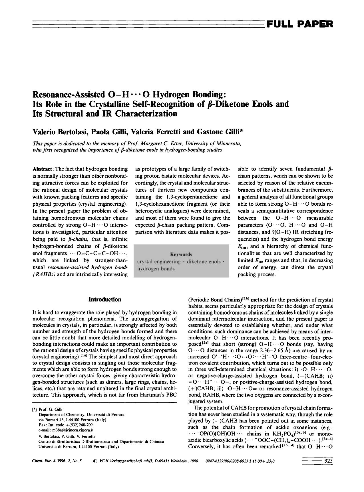 Resonance-Assisted O-H [tdot] O Hydrogen Bonding: Its Role in the Crystalline Self-Recognition of [beta]-Diketone Enols and its Structural and IR Characterization by Unknown