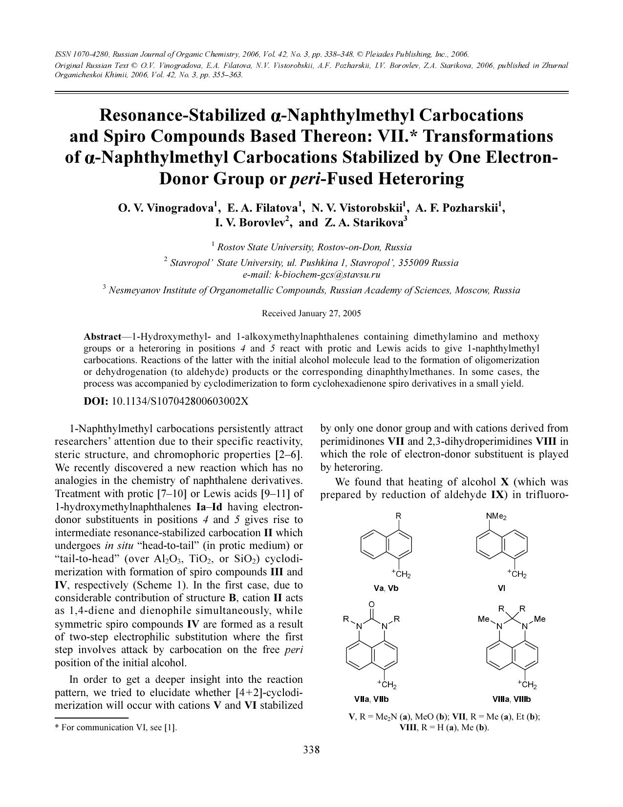 Resonance-stabilized α-naphthylmethyl carbocations and spiro compounds based thereon: VII. Transformations of α-naphthylmethyl carbocations stabilized by one electron by Unknown