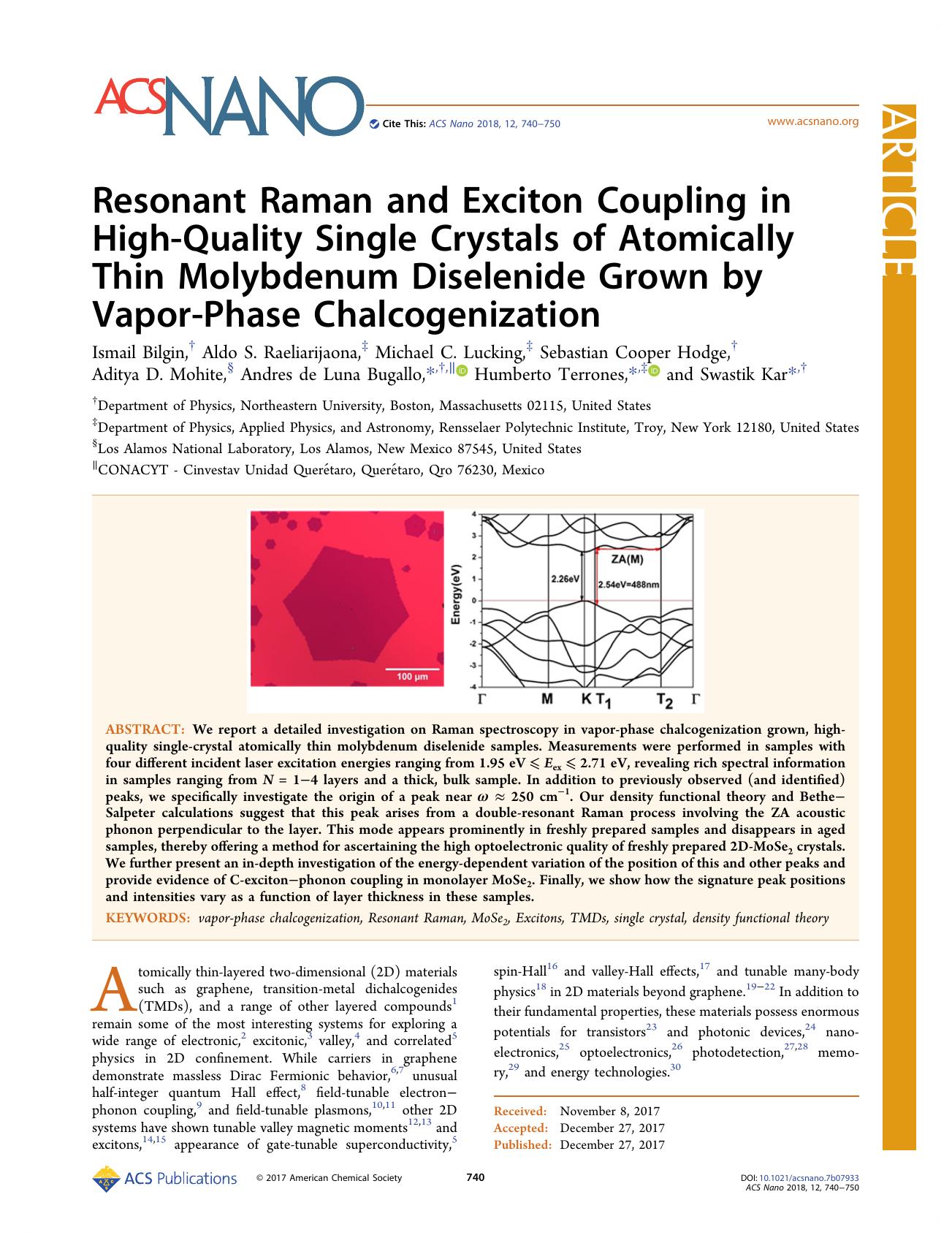 Resonant Raman and Exciton Coupling in High-Quality Single Crystals of Atomically Thin Molybdenum Diselenide Grown by Vapor-Phase Chalcogenization by unknow