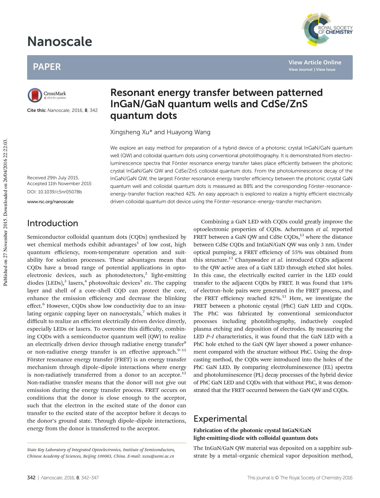 Resonant energy transfer between patterned InGaNGaN quantum wells and CdSeZnS quantum dots by Xingsheng Xu Huayong Wang