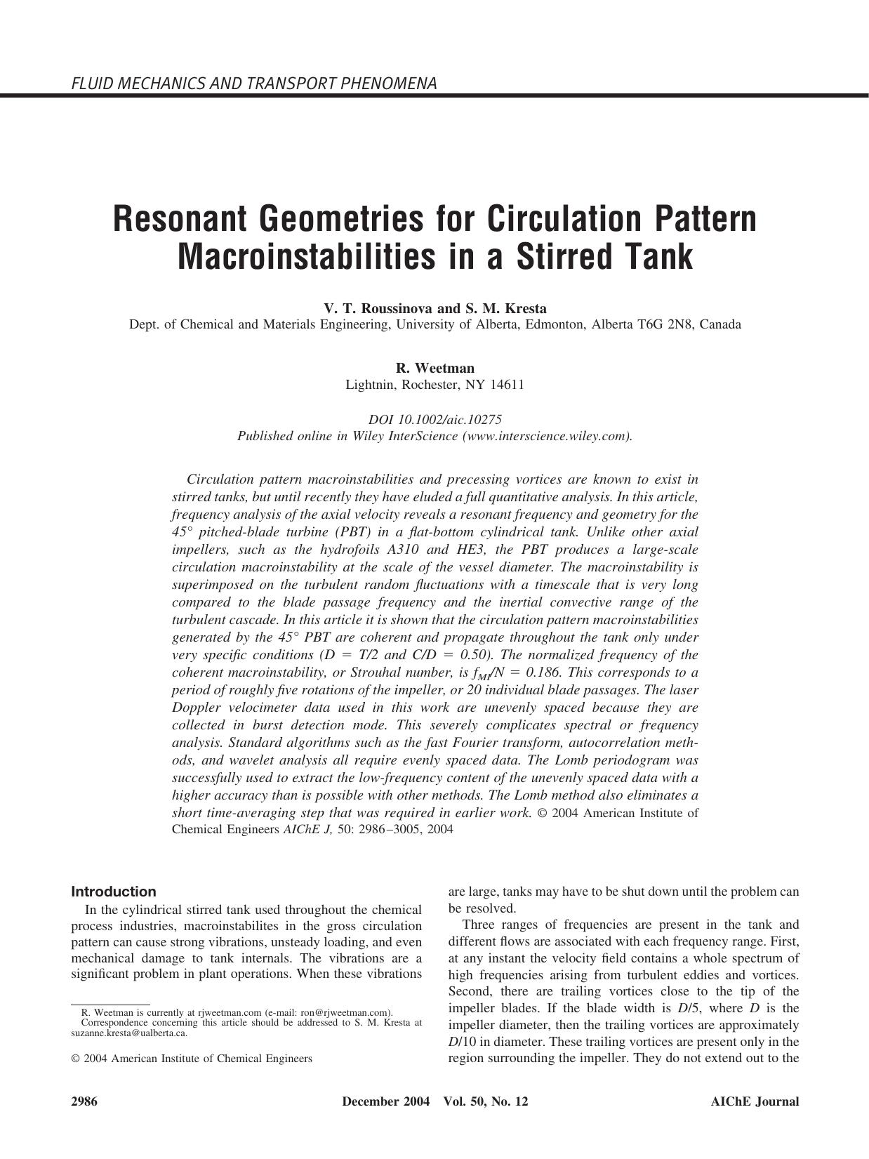 Resonant geometries for circulation pattern macroinstabilities in a stirred tank by Unknown