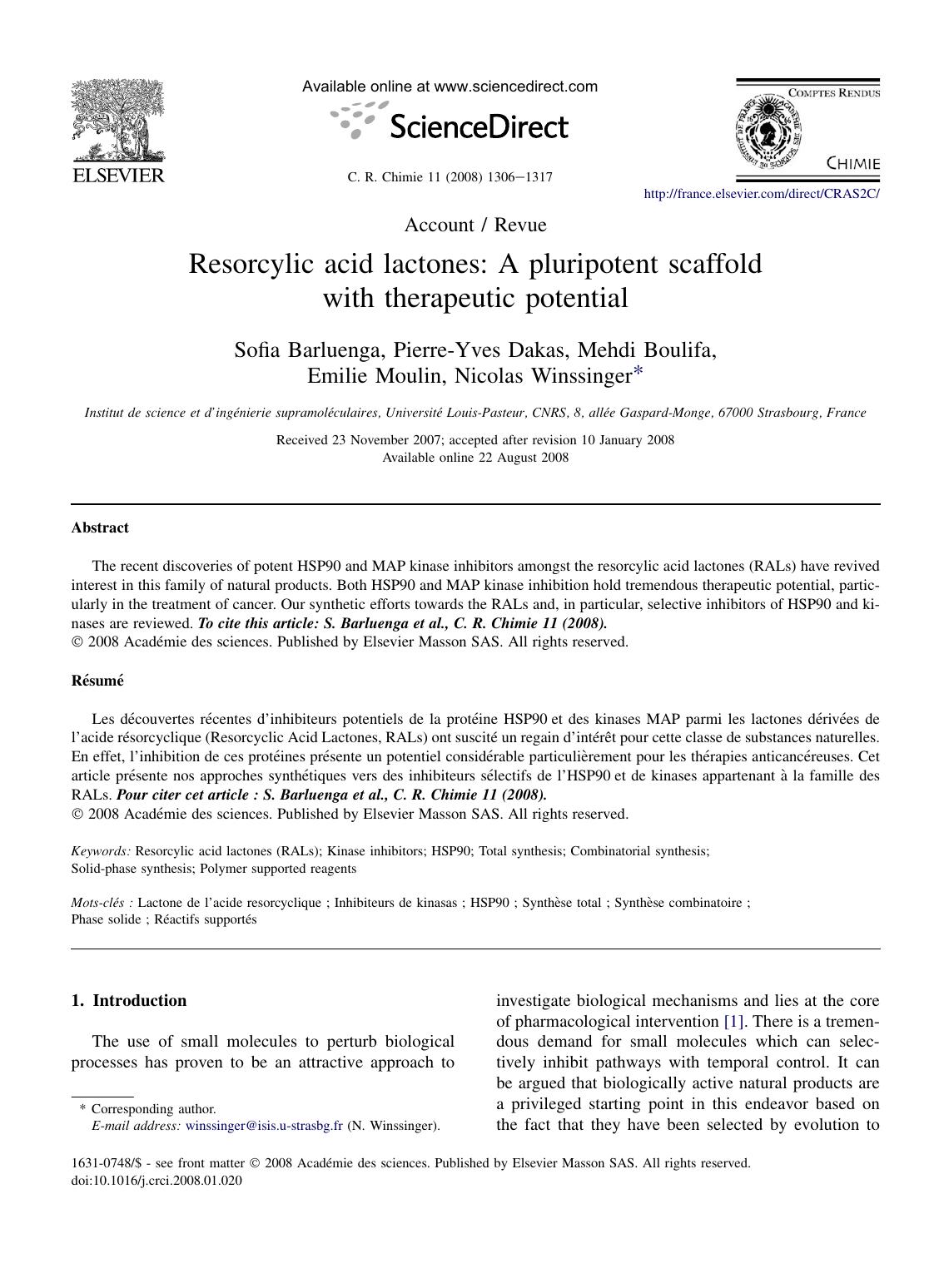 Resorcylic acid lactones: A pluripotent scaffold with therapeutic potential by Sofia Barluenga; Pierre-Yves Dakas; Mehdi Boulifa; Emilie Moulin; Nicolas Winssinger