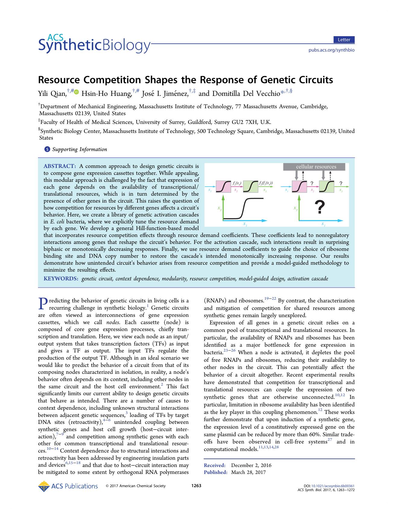 Resource Competition Shapes the Response of Genetic Circuits by Yili Qian Hsin-Ho Huang José I. Jiménez and Domitilla Del Vecchio