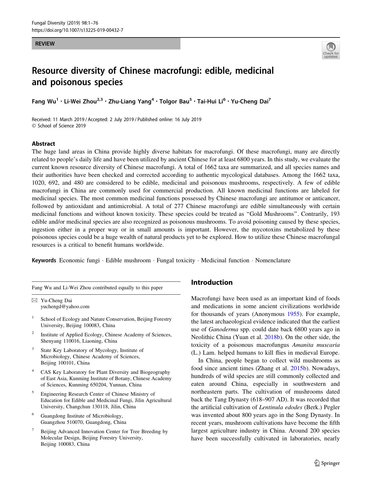 Resource diversity of Chinese macrofungi: edible, medicinal and poisonous species by Fang Wu & Li-Wei Zhou & Zhu-Liang Yang & Tolgor Bau & Tai-Hui Li & Yu-Cheng Dai