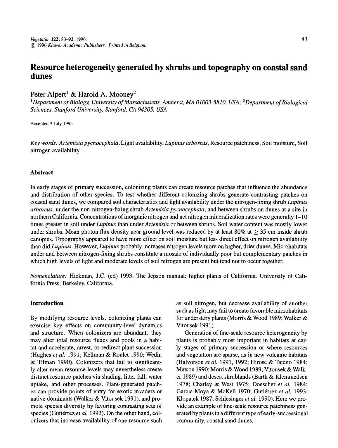 Resource heterogeneity generated by shrubs and topography on coastal sand dunes by Unknown