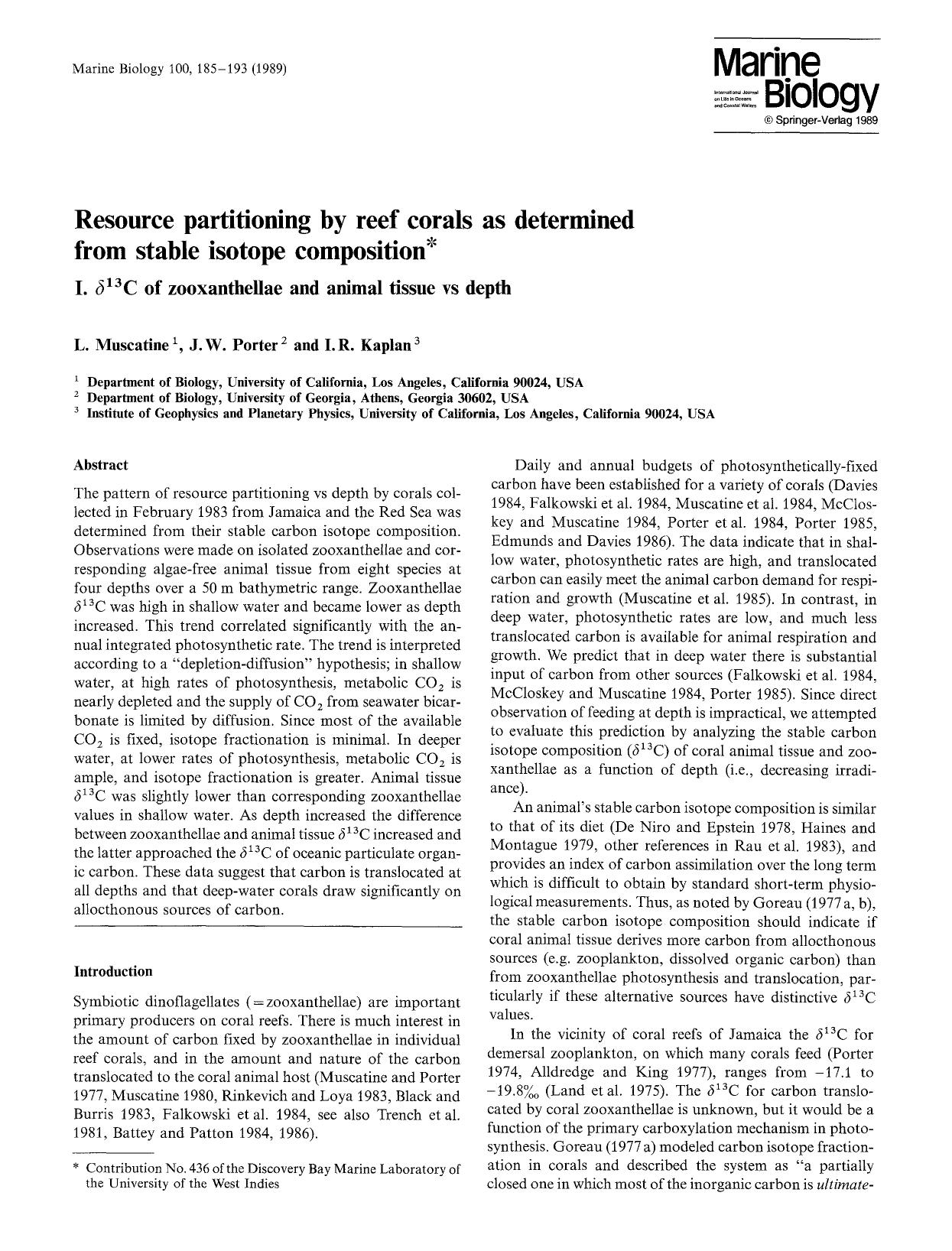 Resource partitioning by reef corals as determined from stable isotope composition by Unknown