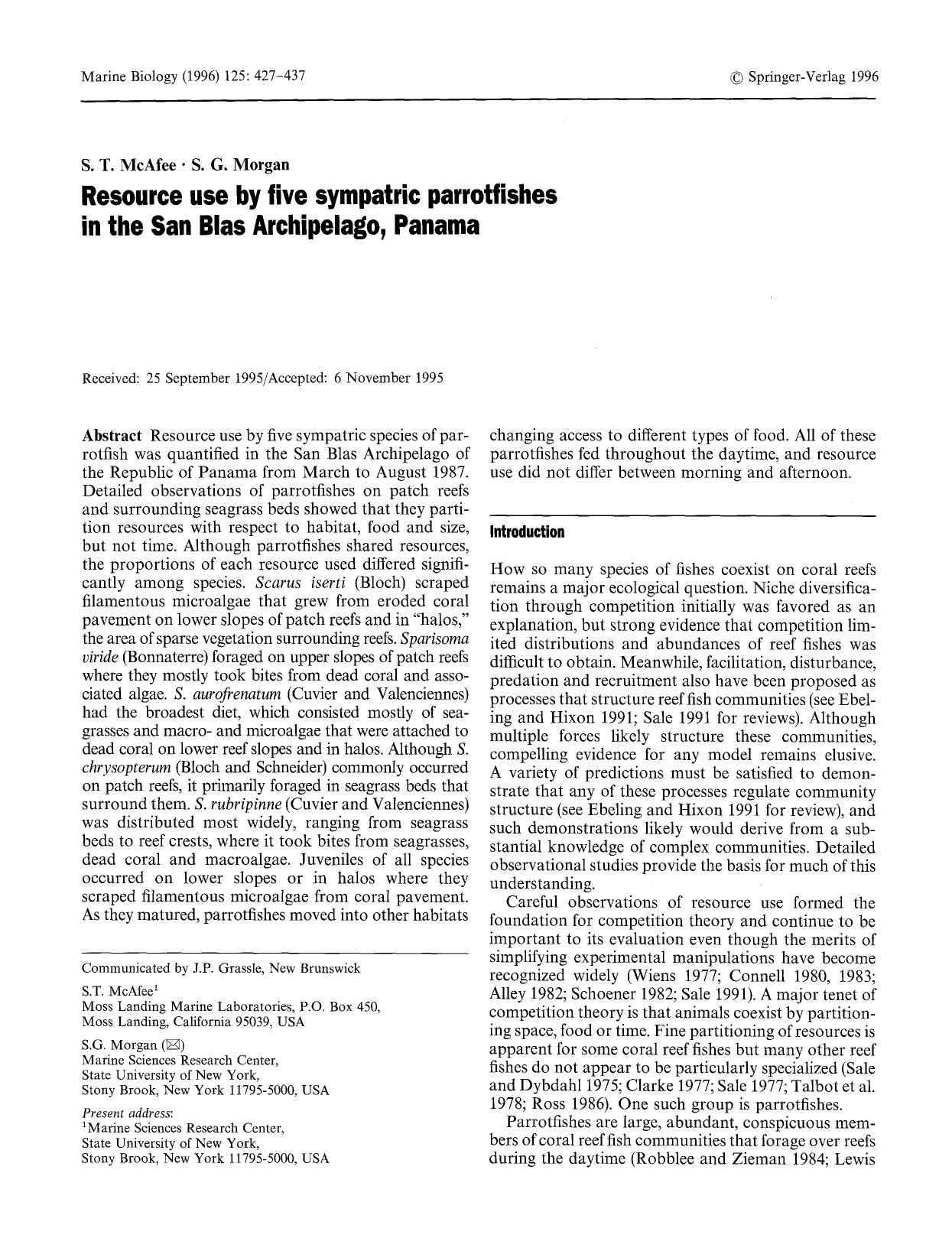 Resource use by five sympatric parrotfishes in the San Blas Archipelago, Panama by Unknown