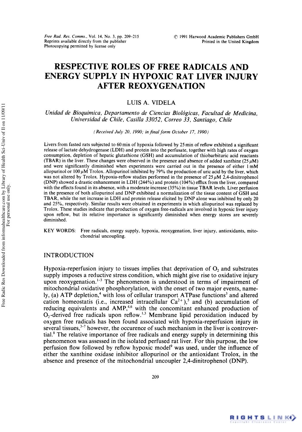 Respective Roles of Free Radicals and Energy Supply in Hypoxic Rat Liver Injury After Reoxygenation by Luis A. Videla