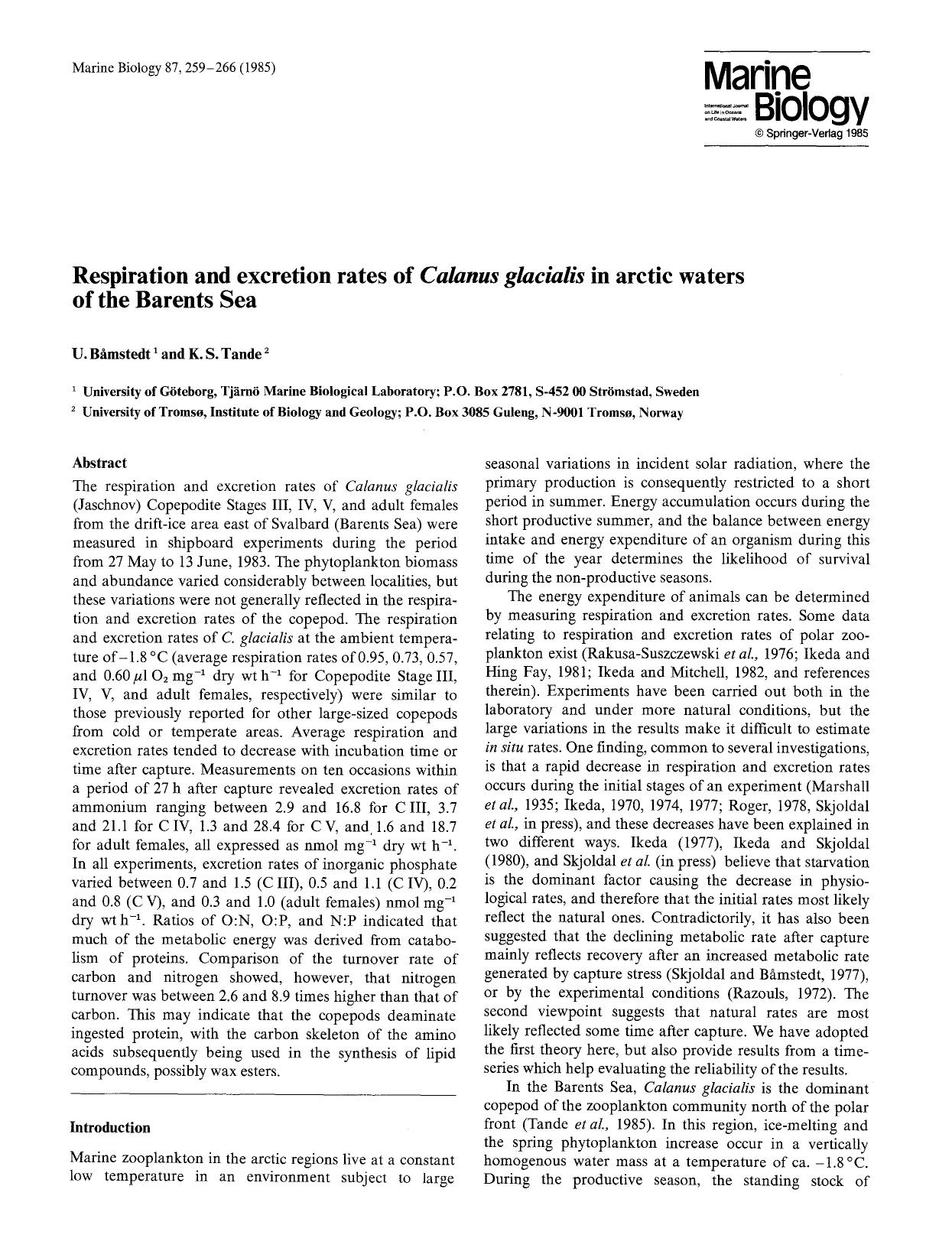 Respiration and excretion rates of <Emphasis Type="Italic">Calanus glacialis<Emphasis> in arctic waters of the Barents Sea by Unknown