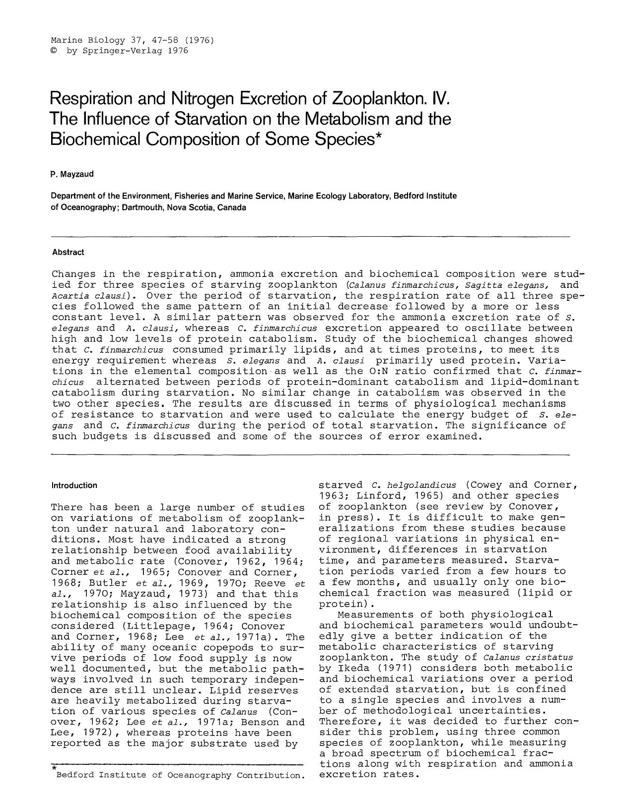 Respiration and nitrogen excretion of zooplankton. IV. The influence of starvation on the metabolism and the biochemical composition of some species by Unknown