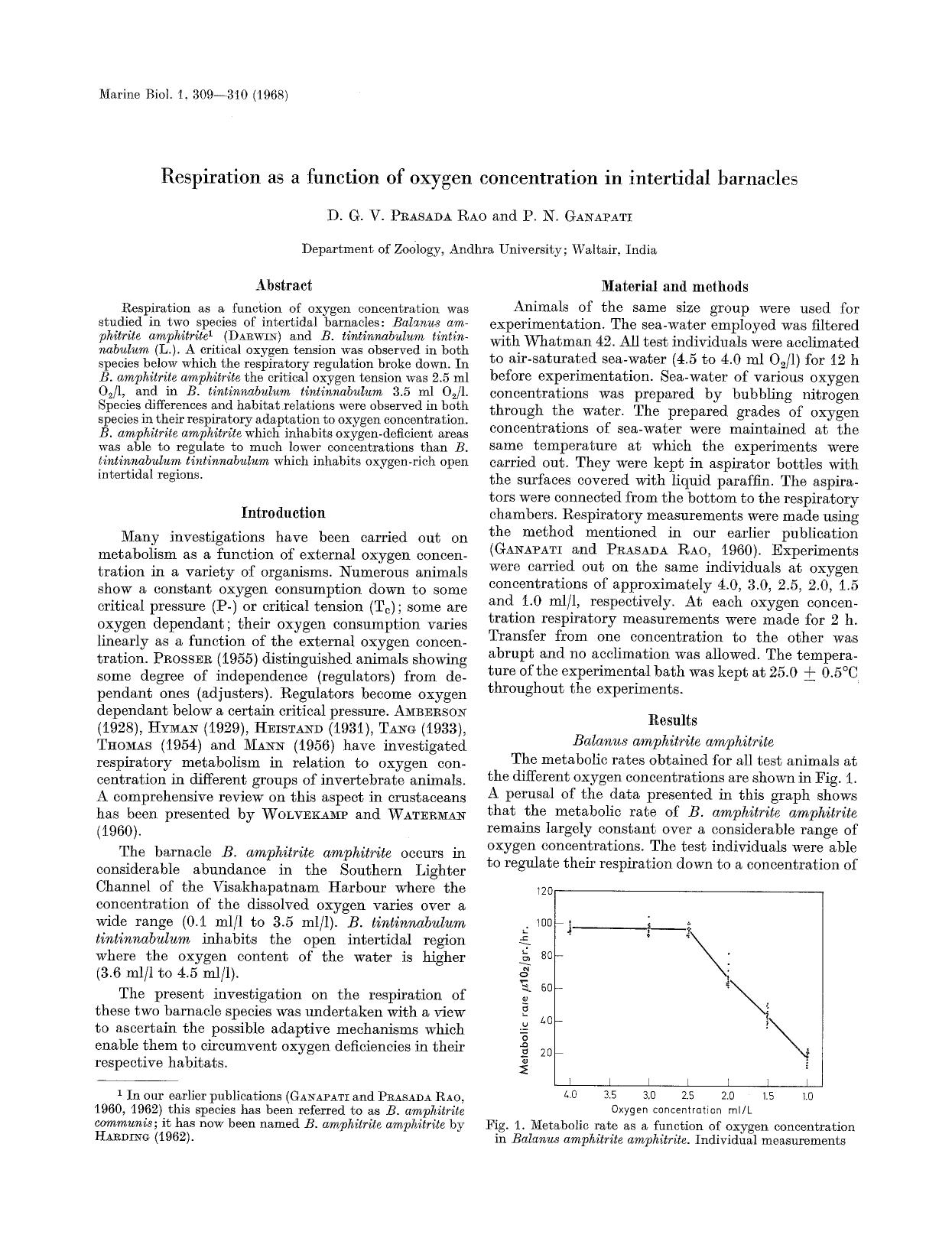 Respiration as a function of oxygen concentration in intertidal barnacles by Unknown