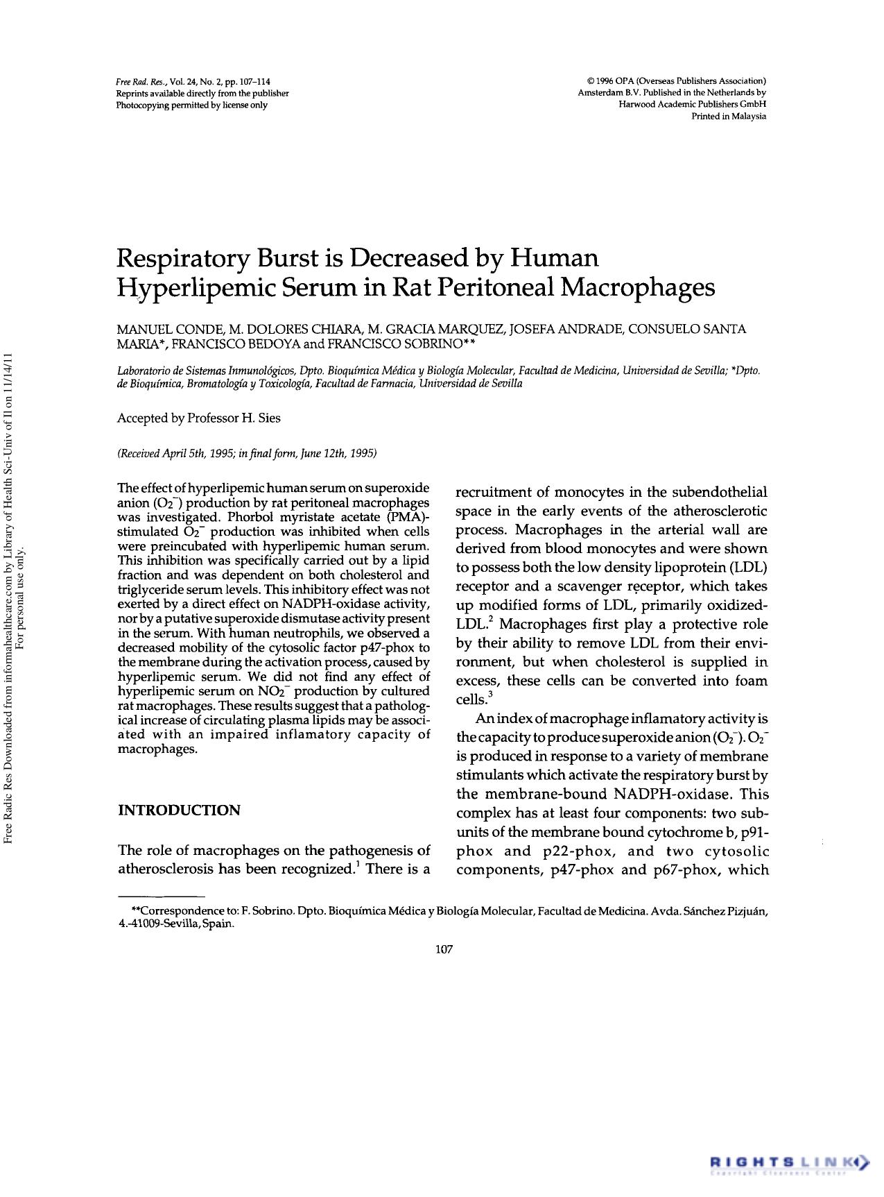 Respiratory Burst is Decreased by Human Hyperlipemic Serum in Rat Peritoneal Macrophages by unknow