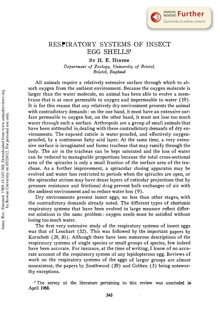 Respiratory Systems of Insect Egg Shells by H E Hinton