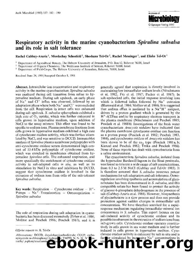 Respiratory activity in the marine cyanobacterium <Emphasis Type="Italic">Spirulina subsalsa<Emphasis> and its role in salt tolerance by Unknown