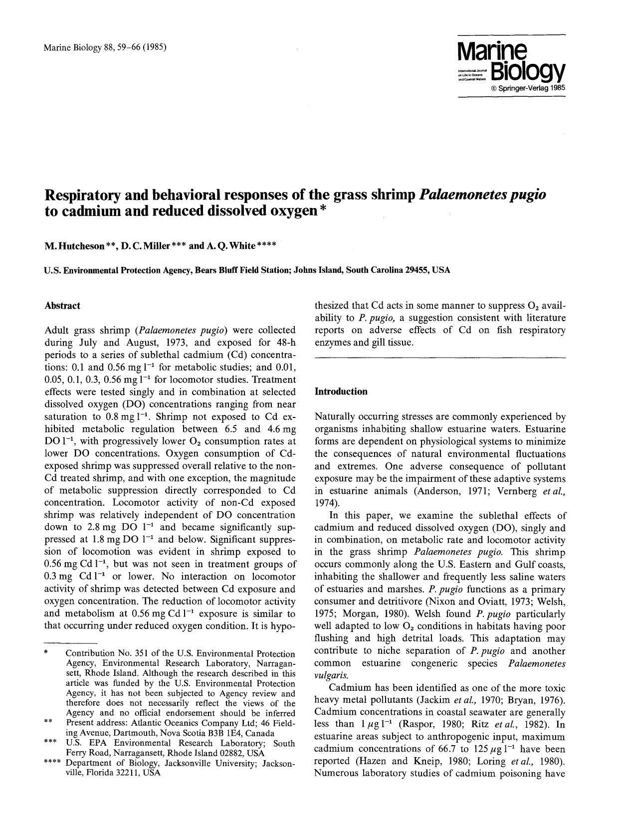 Respiratory and behavioral responses of the grass shrimp <Emphasis Type="Italic">Palaemonetes pugio<Emphasis> to cadmium and reduced dissolved oxygen by Unknown