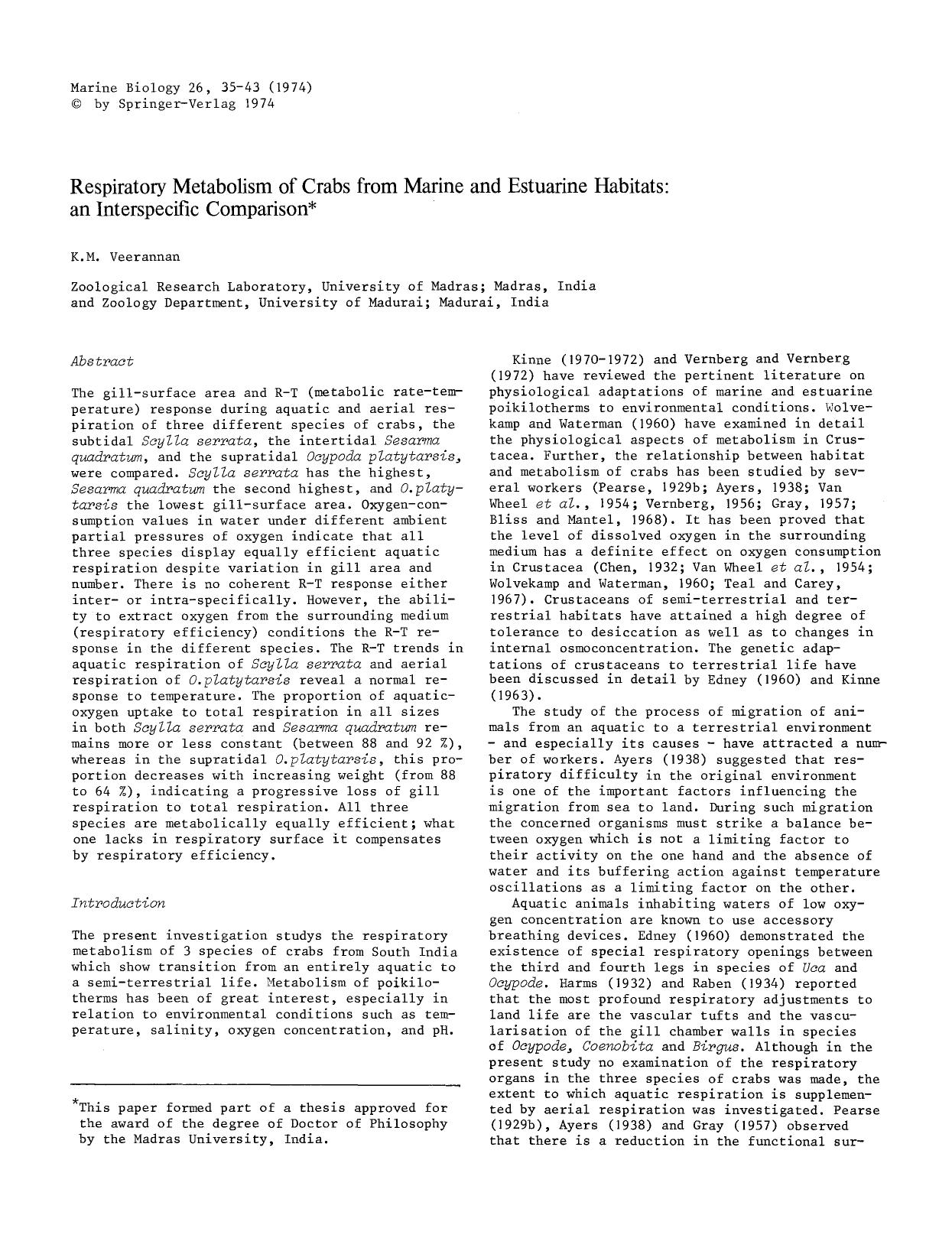 Respiratory metabolism of crabs from marine and estuarine habitats: an interspecific comparison by Unknown