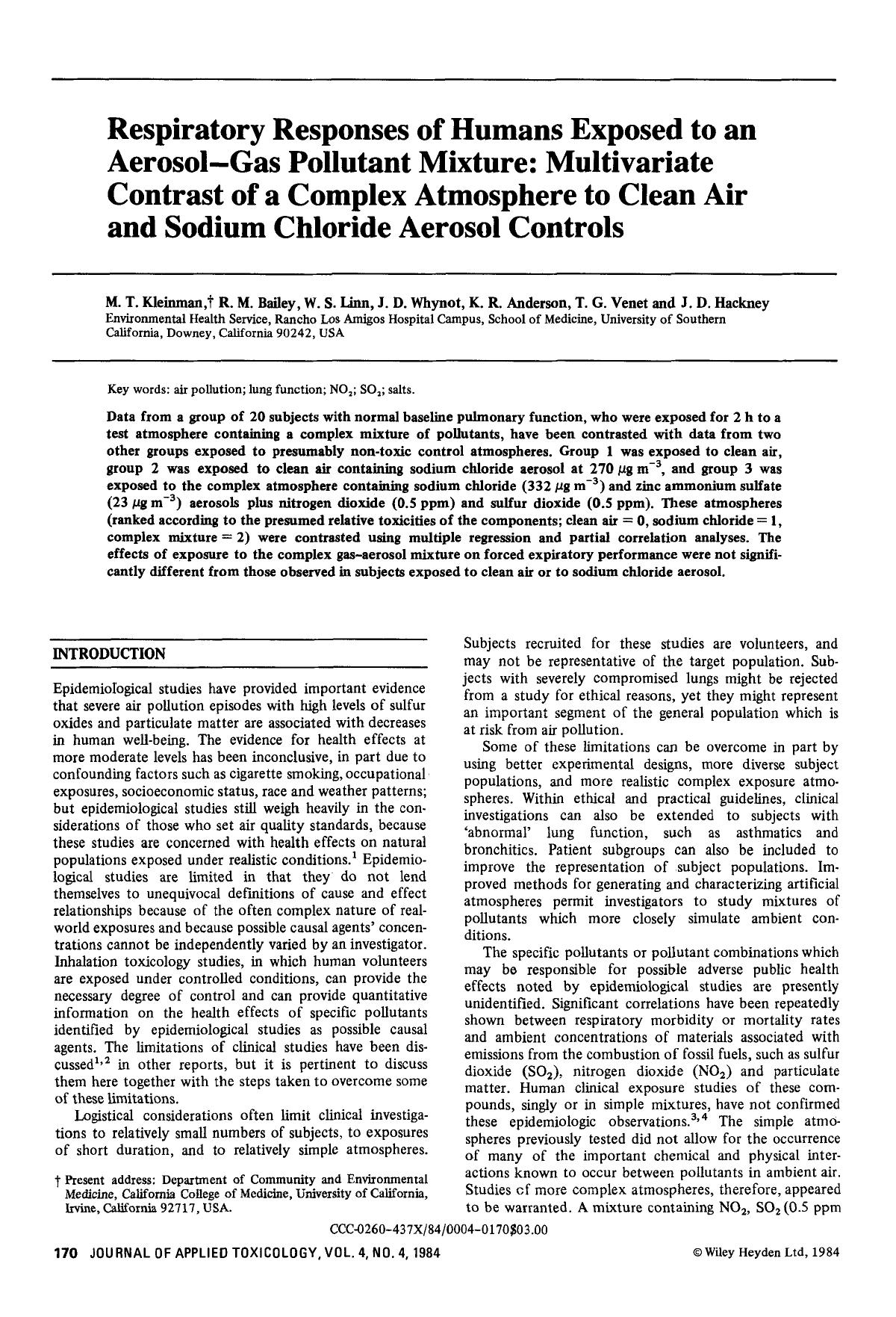 Respiratory responses of humans exposed to an aerosol-gas pollutant mixture: Multivariate contrast of a complex atmosphere to clean air and sodium chloride aerosol controls by Unknown