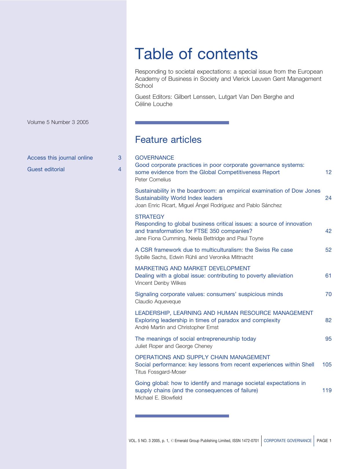 Responding to societal expectations a special issue from the European academy of business in society and Vlerick Leuven Gent management school (Corporate Governance, 1472-0701 ; V.5, No. 3) by Gilbert Lenssen Lutgart Van Den Berghe Celine Louche