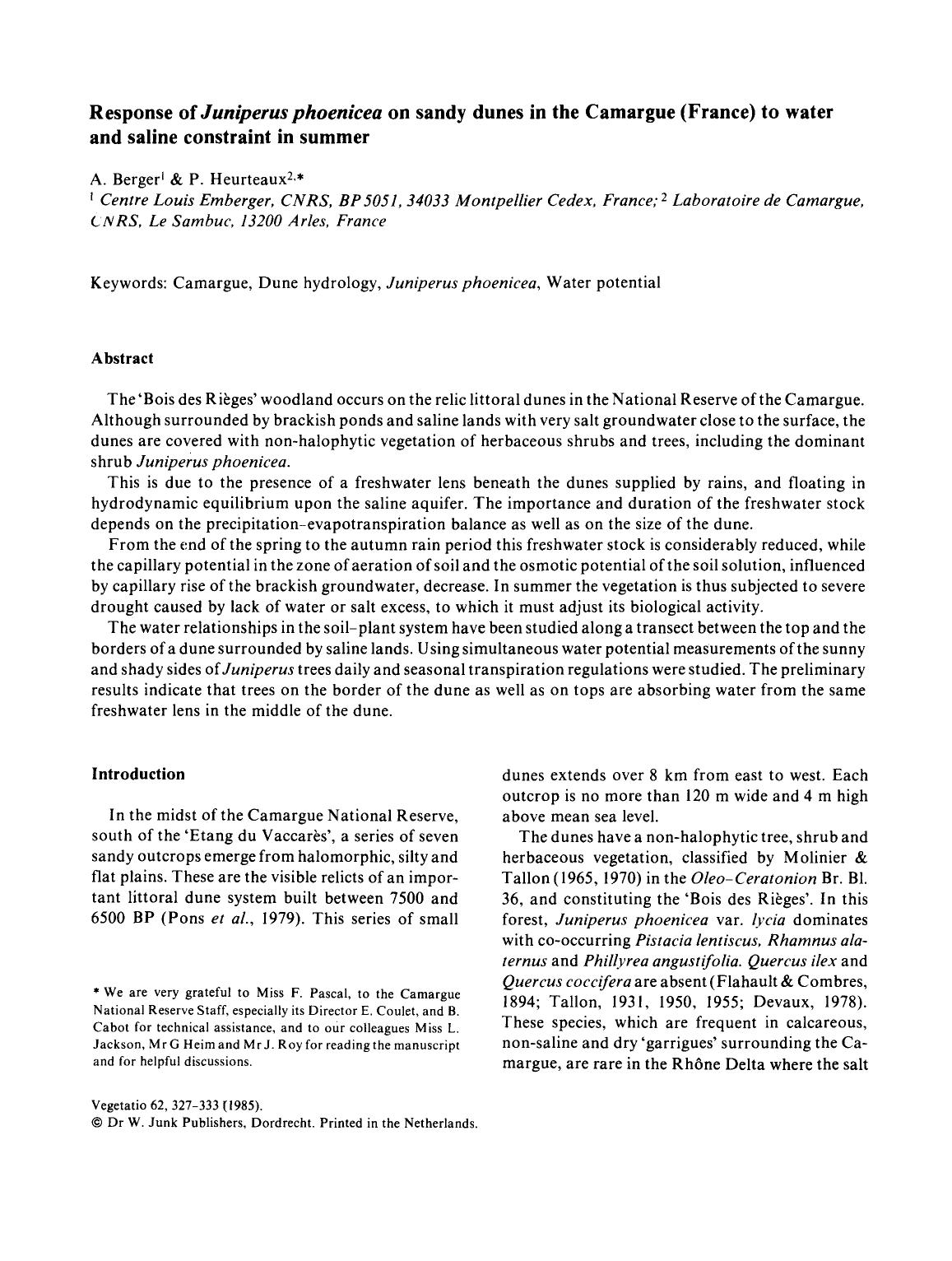 Response of <Emphasis Type="Italic">Juniperus phoenicea <Emphasis> on sandy dunes in the Camargue (France) to water and saline constraint in summer by Unknown