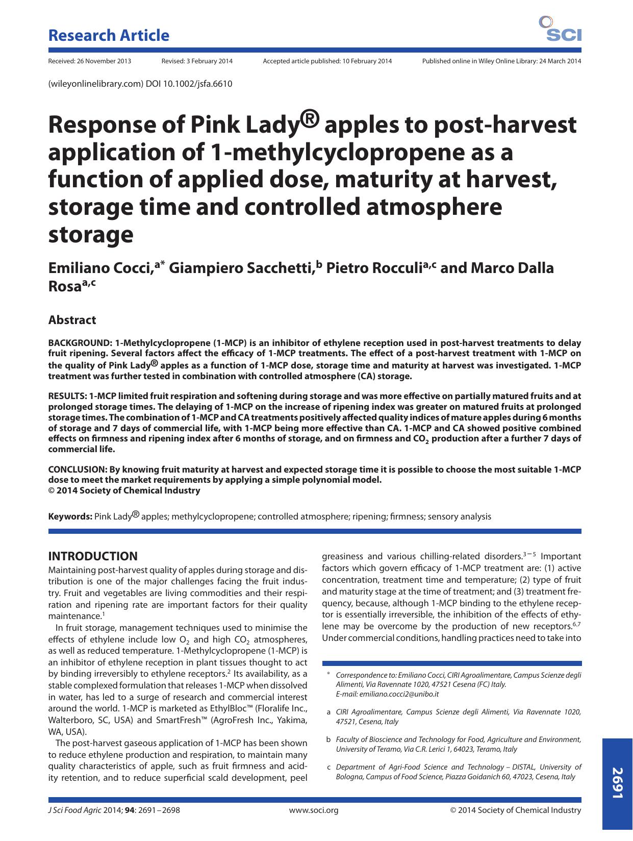 Response of Pink LadyÃÂ® apples to post-harvest application of 1-methylcyclopropene as a function of applied dose, maturity at harvest, storage time and controlled atmosphere storage by Unknown