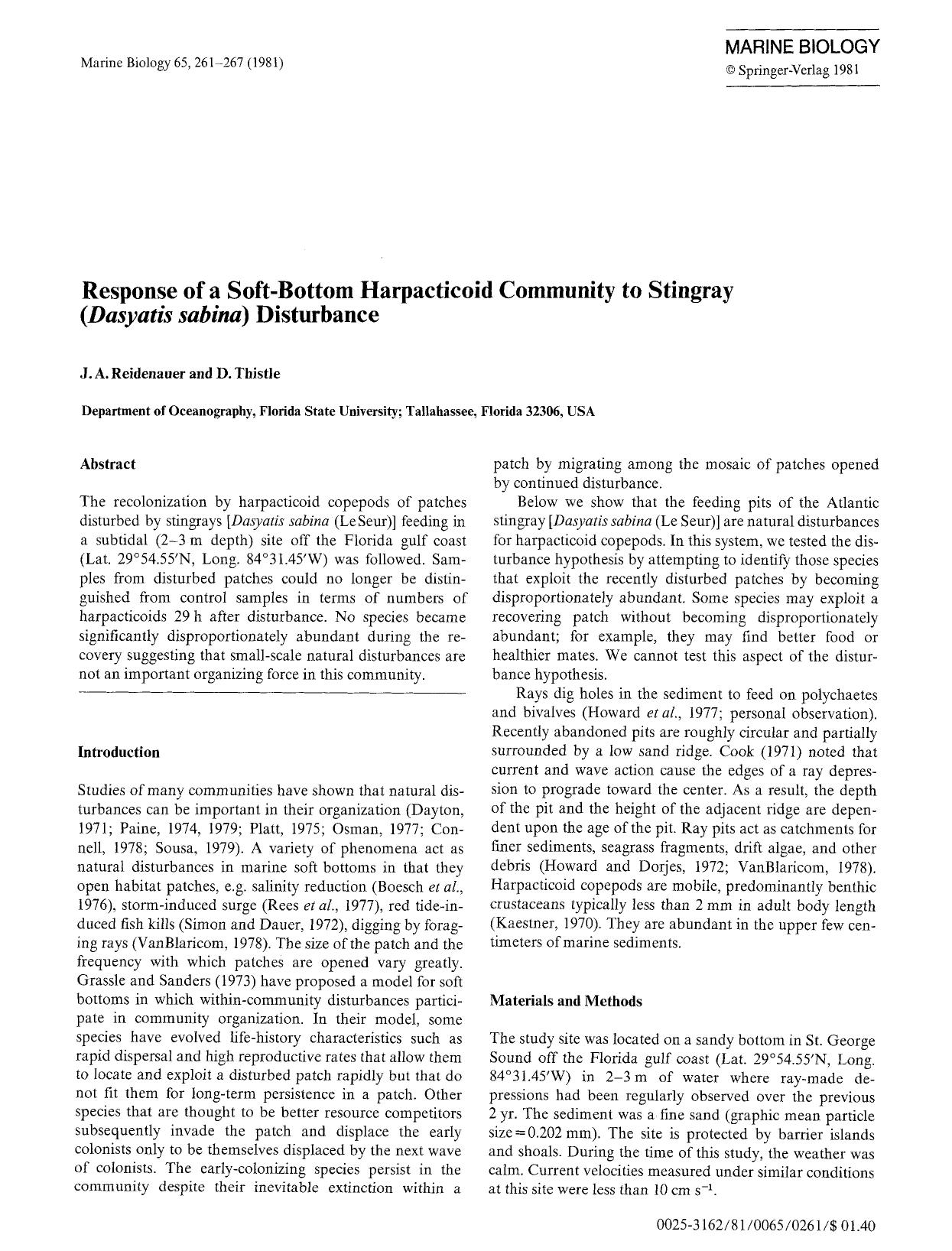 Response of a soft-bottom harpacticoid community to stingray (<Emphasis Type="Italic">Dasyatis sabina<Emphasis>) disturbance by Unknown