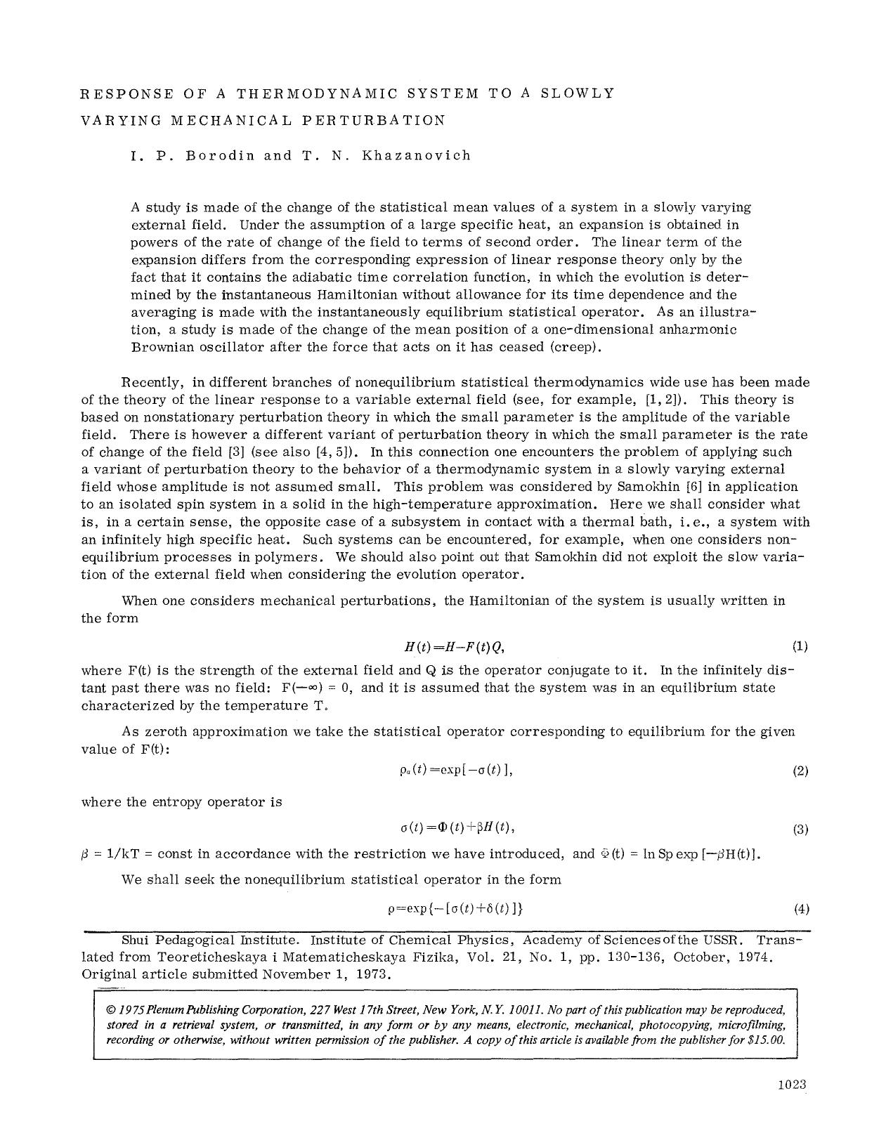 Response of a thermodynamic system to a slowly varying mechanical perturbation by Unknown