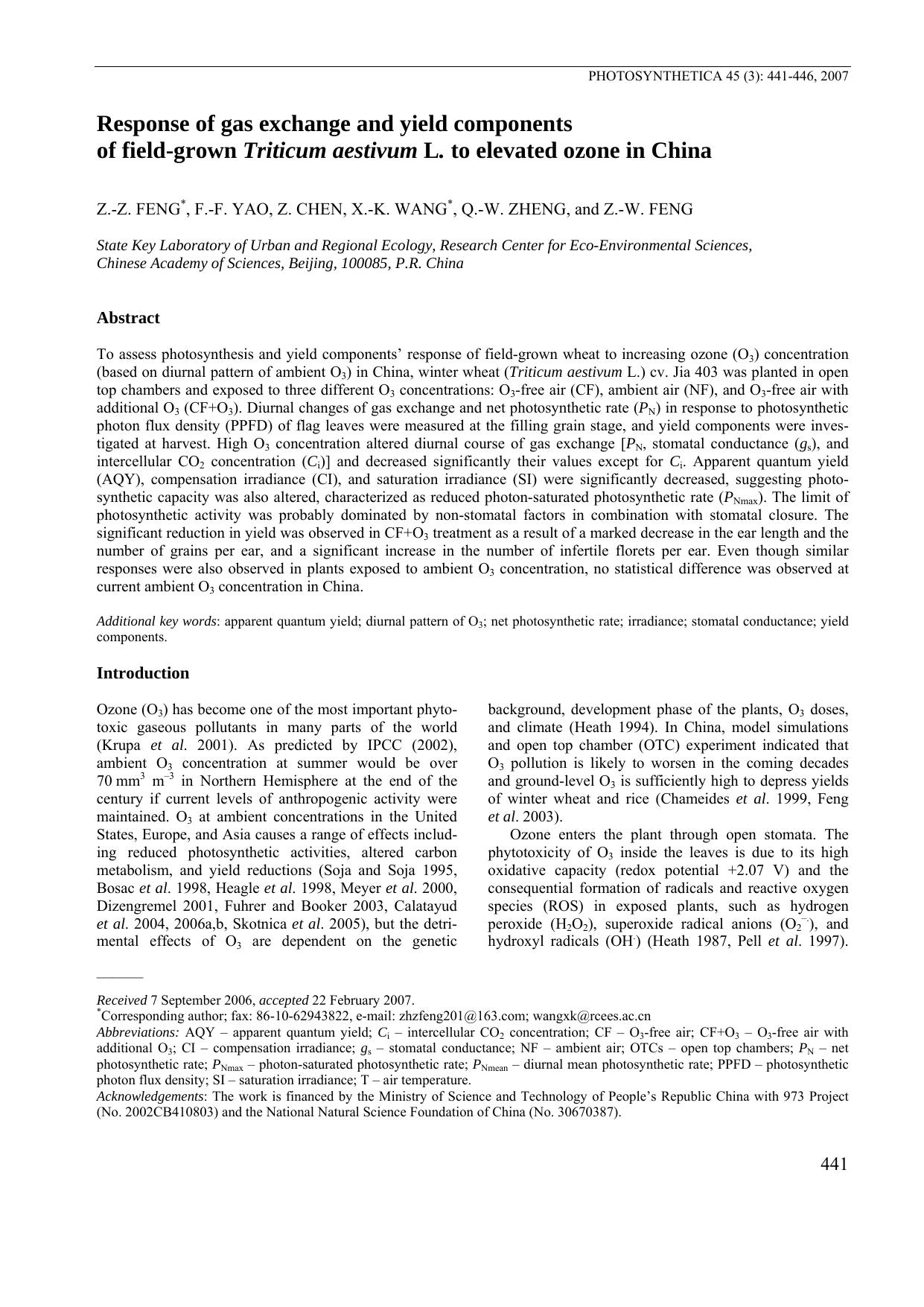 Response of gas exchange and yield components of field-grown <Emphasis Type="Italic">Triticum aestivum<Emphasis> L. to elevated ozone in China by Unknown