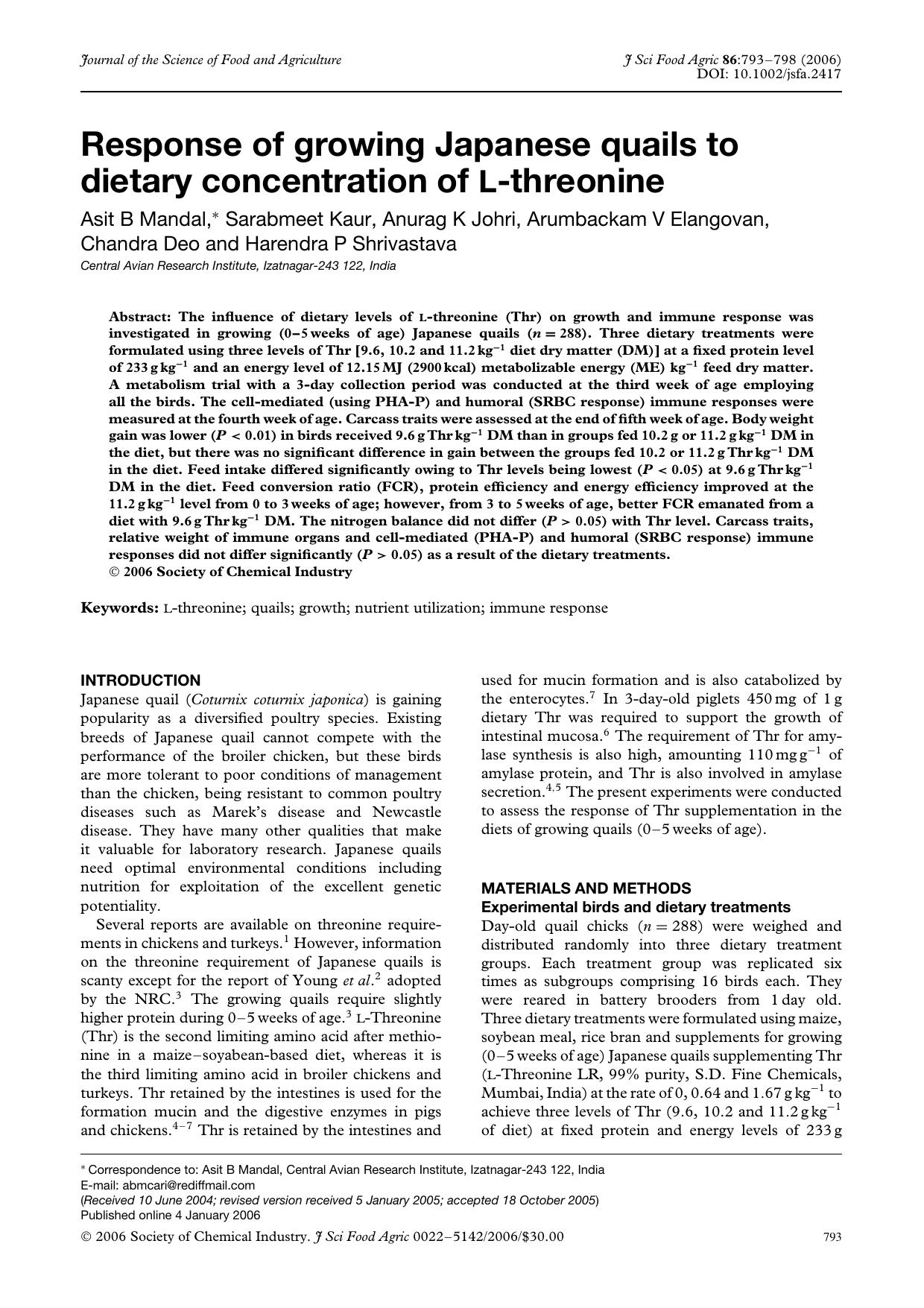 Response of growing Japanese quails to dietary concentration of L-threonine by Unknown