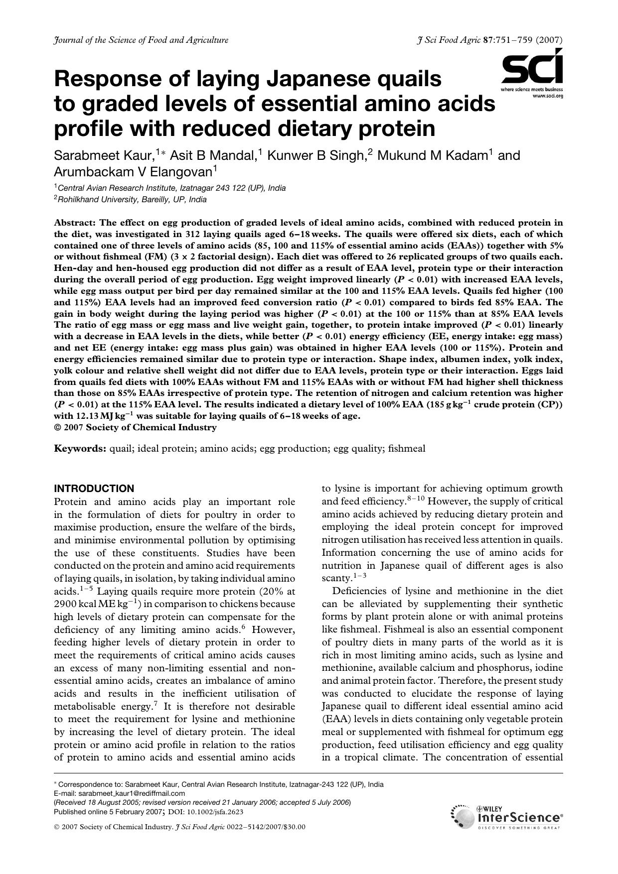 Response of laying Japanese quails to graded levels of essential amino acids profile with reduced dietary protein by Unknown