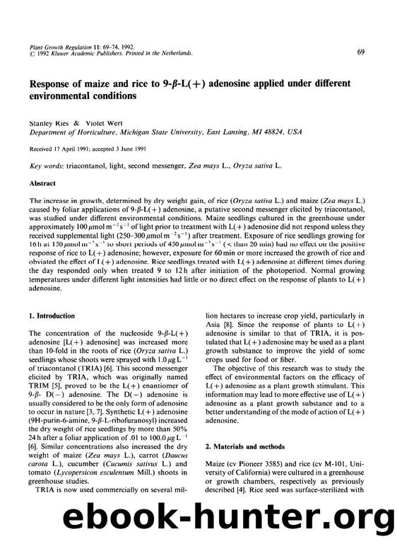 Response of maize and rice to 9-β-L(+) adenosine applied under different environmental conditions by Unknown